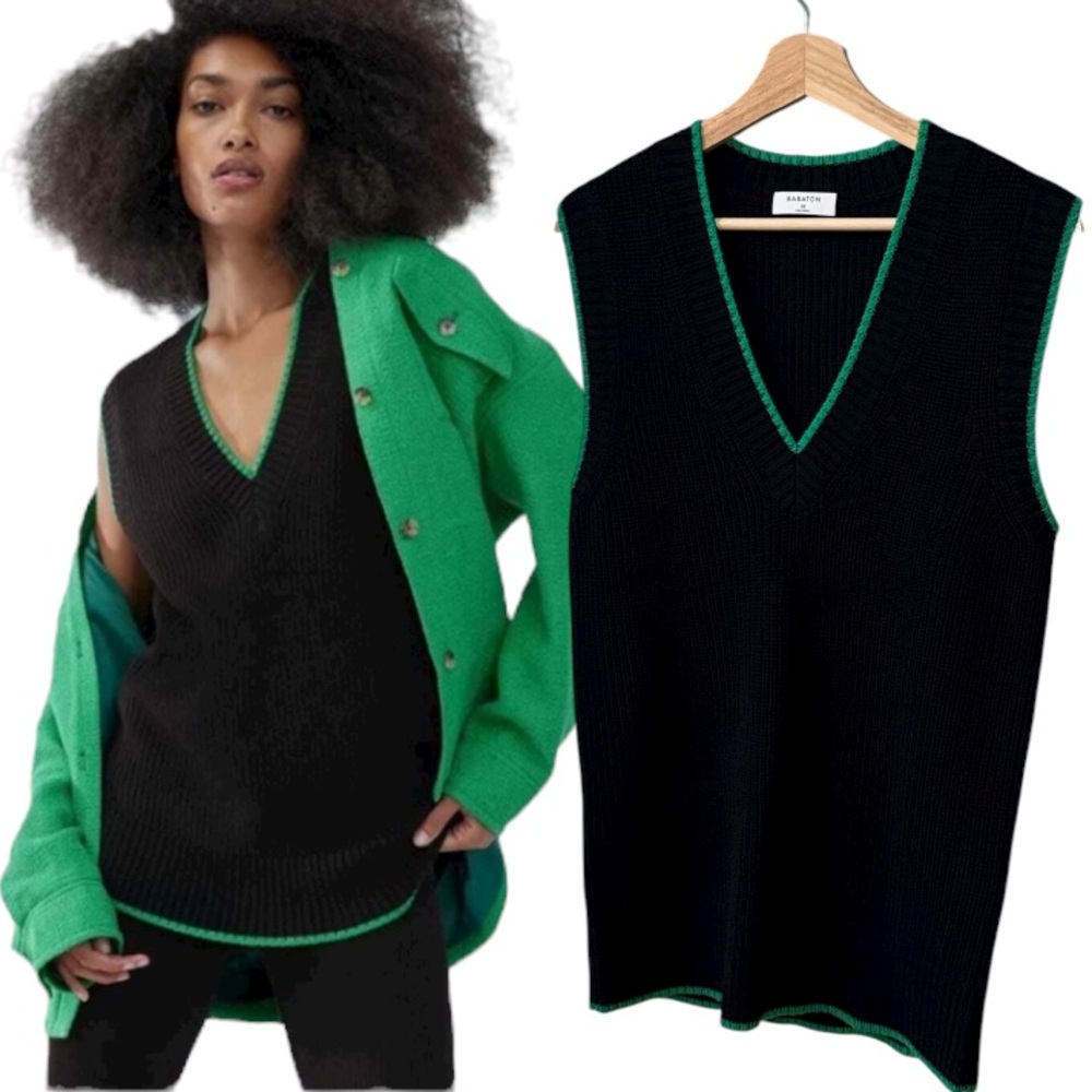 Babaton Sherman Black Knit V-Neck Sleeveless Relaxed Fit Sweater with Green Trim - Picture 1 of 16